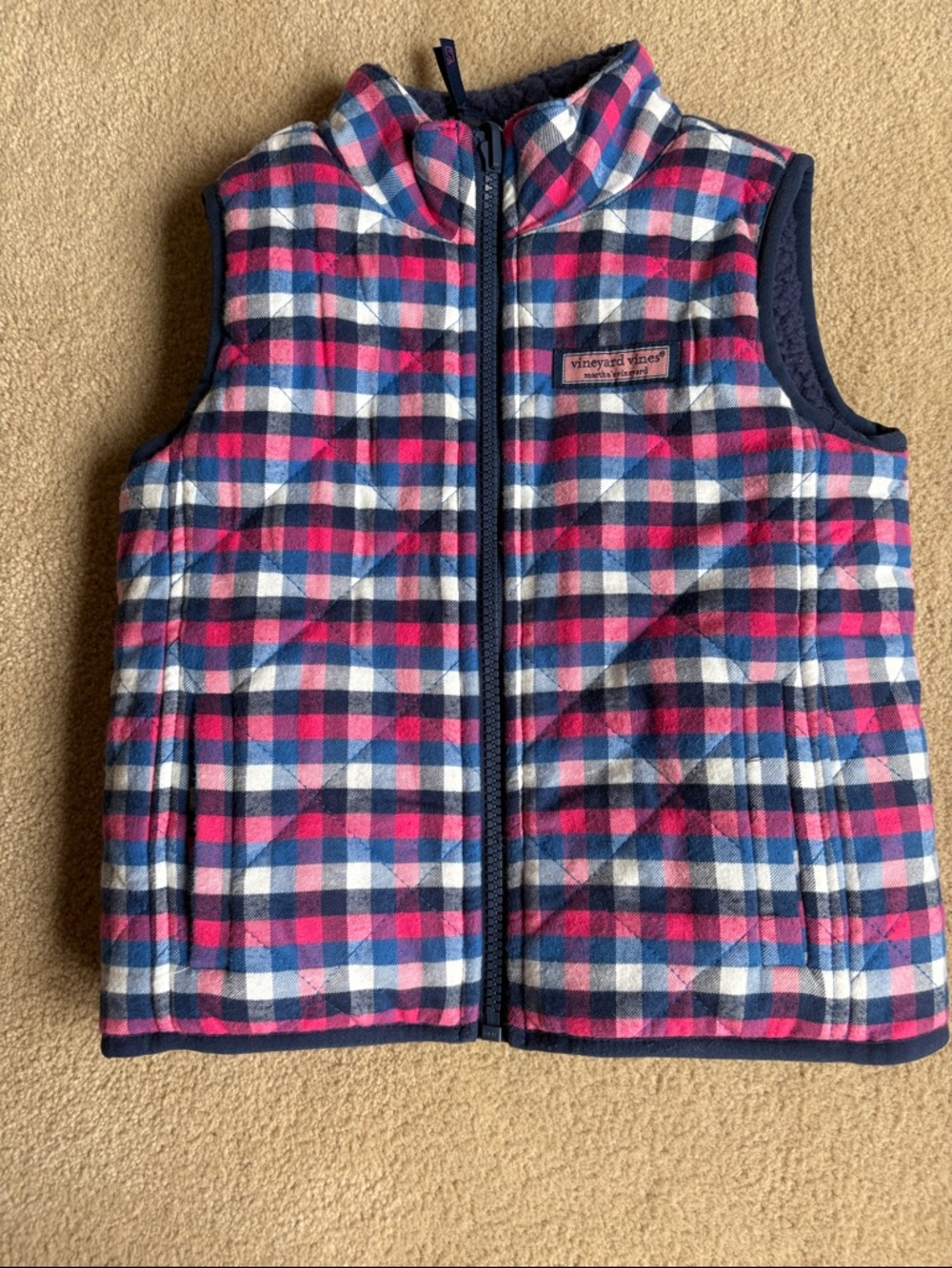 Vineyard Vines Pink Navy White Plaid Quilted Fleece Vest